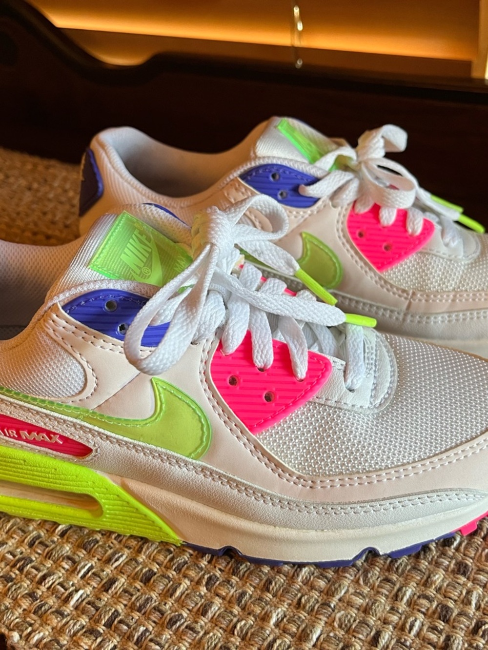 Nike Air Max White Sneakers with Neon Pink, Lime and Purple Accents Size 7